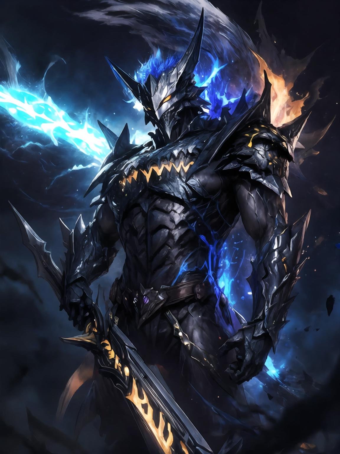 masterpiece,best quality,highres,cinematic lighting,dramatic angle,1boy,dark blue armor,maskedform,helmet,blue fire,holding flaming sword,looking at viewer,<lora:ShadowverseMaskedGhostV1-000015:0.8>,spikes,fangs,glowing yellow eyes,showing strength,ghost,souls,action pose,dynamic pose,dynamic angle,spikes,dark flame,extremeley detailed,grab pose,<lora:add_detail:1>,over shoulder
