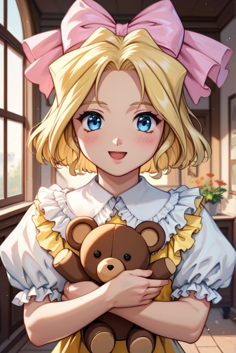 score_9, score_8_up, score_7_up, very aesthetic, source_anime, detailed, high quality, beautiful, masterpiece, detailed eyes,indoor, blurry background,<lora:lightXL:0.8>cowboy shot, upper body,holding stuffed toy, smile, open mouth, blush, <lora:iris_autismConfetti_v01:0.95>flat chest,irisBase, blonde hair, blue eyes, hair bow, pink bow, short hair, parted bangs,yellow dress, frills, white puffy sleeves, short sleeves,  layered dress, lace  white socks,, zPDXL