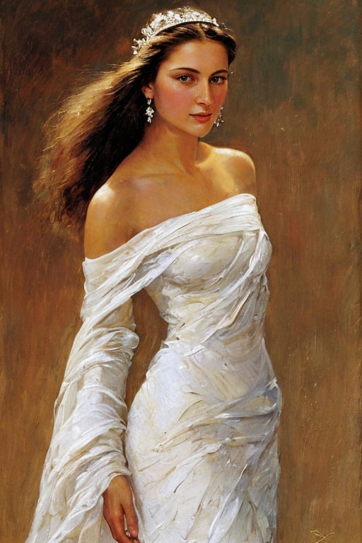 (masterpiece, high resolution, drop_shadow, subsurface scattering), "An sks_fantasyart, fine art oil painting with broad brush strokes depicting a beautiful, elegant supermodel. Standing pose. White dress, (designer diamond jewelry:1.2). Use textured impasto brush strokes. Highly detailed face with straight, beautiful nose, clear, beautiful eyes, and smooth skin. Lighting is from the front. (high level of sharpness, making facial features clear and distinct:1.0), (clean, defined edges:1.0),.The final image should have HDR and 8K resolution for exceptional clarity and depth.", Highly detailed face with straight, beautiful nose, clear, beautiful eyes, and smooth skin. (high level of sharpness:1.0), (clean, defined edges:1.0)