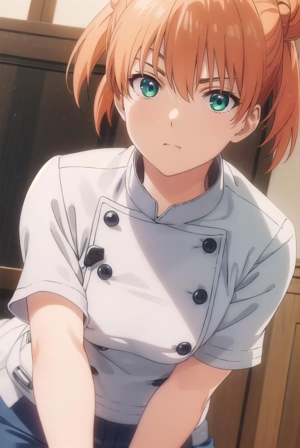 yuukiyoshino, <lora:yuuki yoshino s1-lora-nochekaiser:1>,yuuki yoshino, short hair, twintails, (green eyes:1.3), hair bun, orange hair, double bun,BREAK chef, pants, white pants,BREAK indoors, kitchen,BREAK looking at viewer, (cowboy shot:1.5),BREAK <lyco:GoodHands-beta2:1>, (masterpiece:1.2), best quality, high resolution, unity 8k wallpaper, (illustration:0.8), (beautiful detailed eyes:1.6), extremely detailed face, perfect lighting, extremely detailed CG, (perfect hands, perfect anatomy),