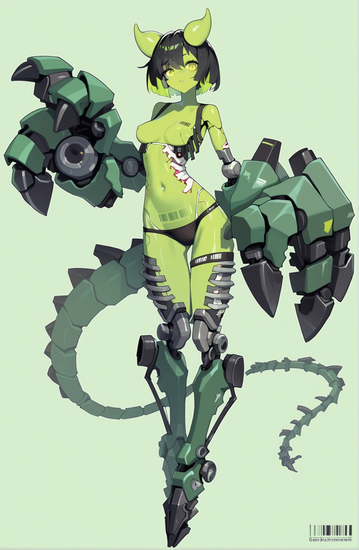 score_9, score_8_up, score_7_up, score_6_up, <lora:jijia-pony-Tanger-000006:0.8>, jijia, 2d, anime, 1girl, solo, green eyes, horns, short hair, mechanical parts, green hair, colored skin, full body, spine, black hair, looking at viewer, barcode, grey background, breasts, oversized limbs, simple background, green skin, android, mechanical arms, cyborg, a picture of a woman in a green body suit, a character that looks like a zombie with weapons on her body, 