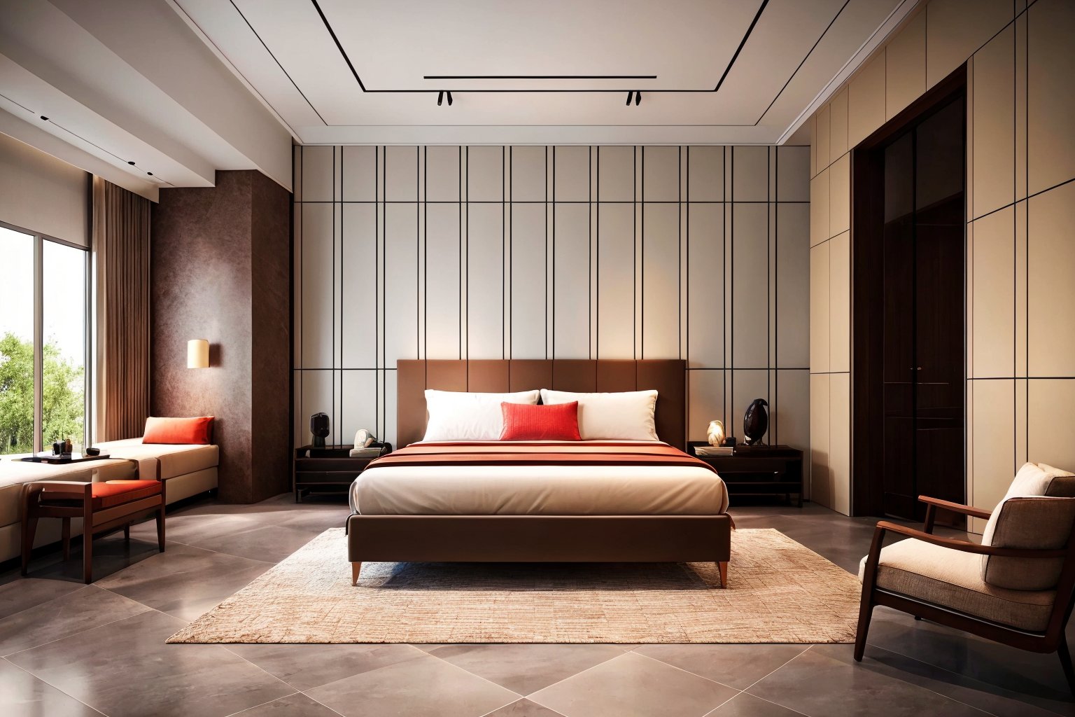 interior design,bed room,Chinese style,no humans,scenery,indoors,window,chair,tree,lamp,pillow,bed,table,couch,curtains,ceiling light,tiles,tile floor,door,ceiling,<lora:中式卧室-2:0.6>,