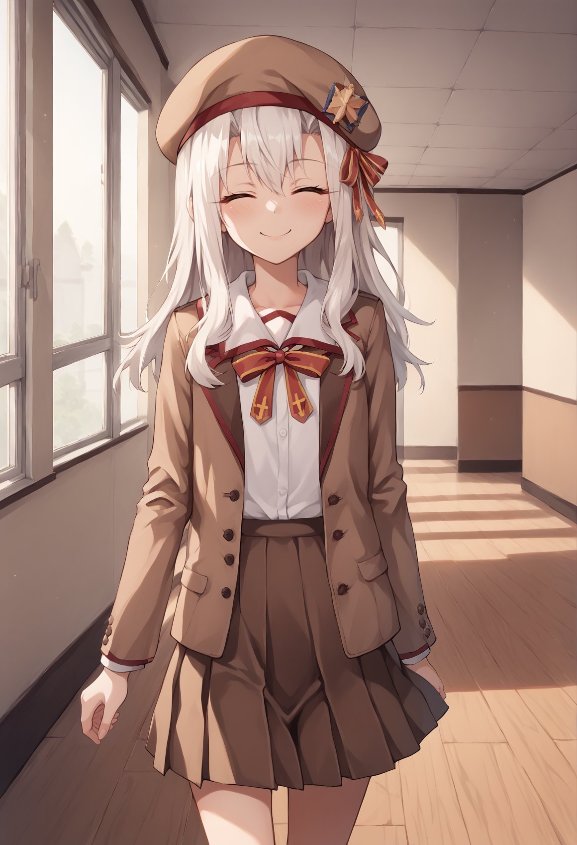 1girl, white hair, red eyes, long hair, neck ribbon, school uniform, brown skirt, shirt, brown blazer, beret, standing, indoors, school, walking, smile, closed eyes. cowboy shot <lora:Illya_IQ2:1>  <lora:Kuro_XL:1>, score_9, score_8_up, score_7_up, score_6_up, score_5_up, score_4_up, BREAK source_anime, masterpiece