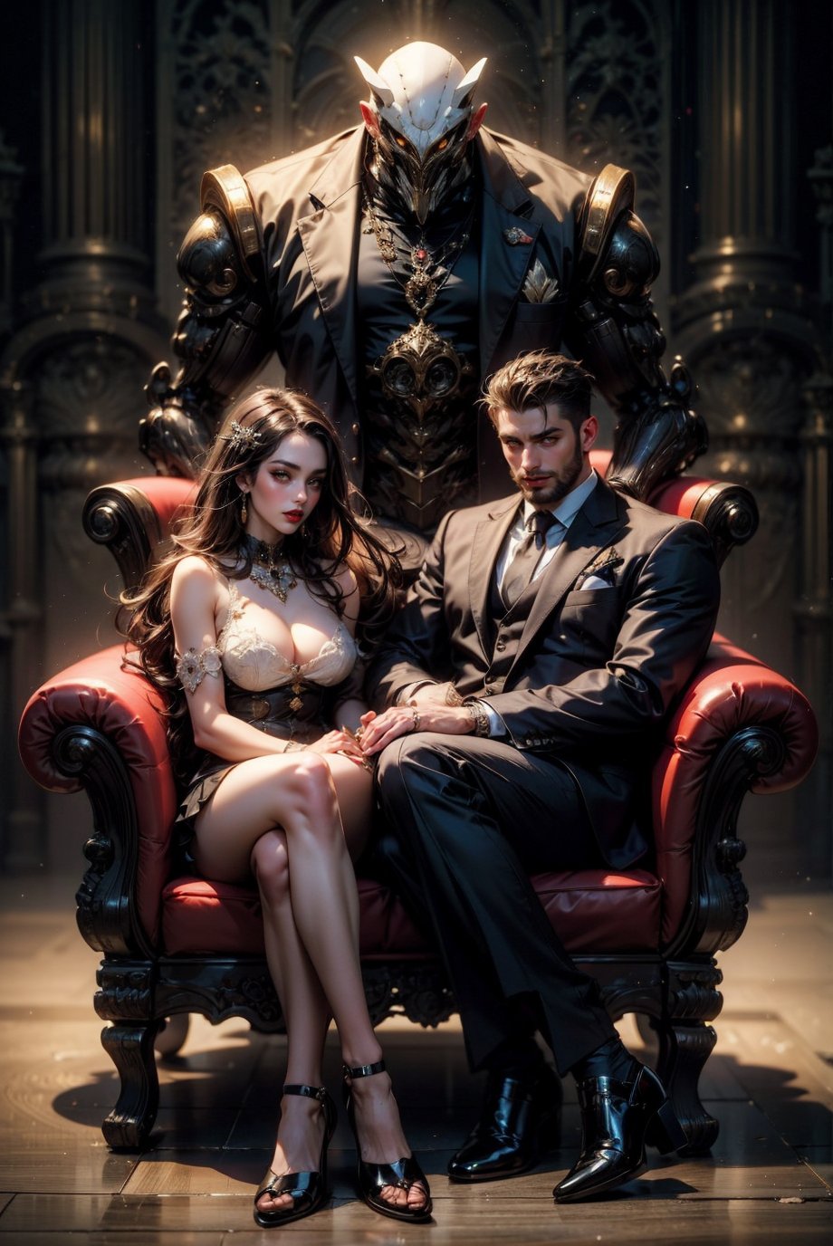 ((masterpiece), (best quality), dark theme, (1girl and 1man:1), a women with long dark hair and red lipstick sitting on a luxurious chair while a man in a suit stands next to her, bright yellow eyes, sexy, handsome rugged male vampire, elegant, cyberpunk, gojou satoru, mechanical arms,,