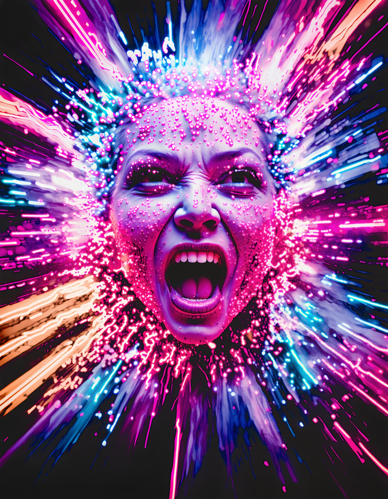 (best quality, 4K, 8K, high-resolution, masterpiece), ultra-detailed, photorealistic, abstract art, surreal, explosion of pink and purple, human face, screaming, dynamic motion, vivid colors, dramatic lighting, concept art. ,