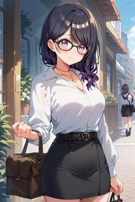 score_9, score_8_up, score_7_up, score_6_up,<lora:Takao_Toka:0.9> takao, 1girl, glasses, black hair, necklace, shirt, bag, skirt, multicolored hair, jewelry, blush, purple hair, breasts, black skirt, black-framed eyewear, belt