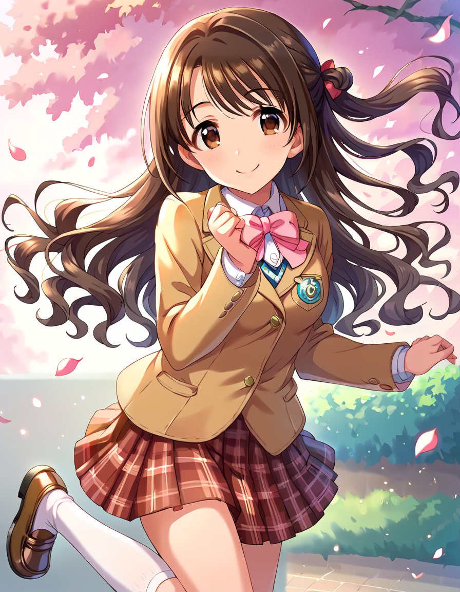 score_9, score_8_up, score_7_up, source_anime,1girl, solo, smile, joyful,  <lora:ShimamuraUzuki_pony_v1:0.9> smmruzk, long hair, brown hair, wavy hair,  half updo, hair bow, brown eyes, medium breasts, school uniform, blazer, brown jacket, pink neck ribbon, pleated skirt, red plaid skirt, kneehighs, white socks, loafers,detailed eyes, eye reflection, 