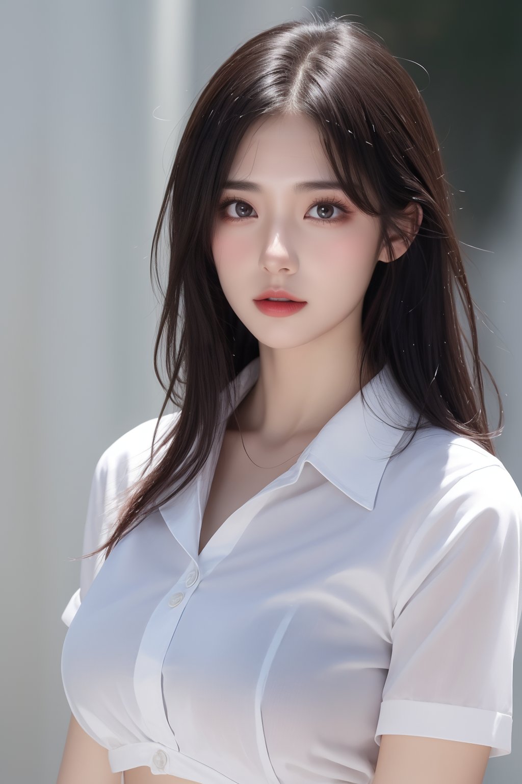 1girl, black hair, bra, bra visible through clothes, breasts, brown eyes, collared shirt, large breasts, lips, long hair, looking at viewer, nose, photorealistic, realistic, see-through, shirt, short sleeves, solo, underwear, upper body, wet clothes, wet shirt, white shirt, wing collar <lora:美女:0.8>