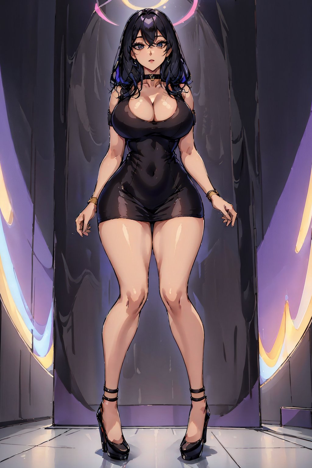 1girl, choker, cleavage, ckrdress-fc <lora:ckrdress-fc-v2:1>, full body, bodycon minidress, heels, choker, bodycon minidress,  breasts, face, eyes, vibrant black hair, masterpiece, best quality, full body, bending forwards, realistic, looking up at viewer, looking down at subject, heels, hands, fingers, arms down at side