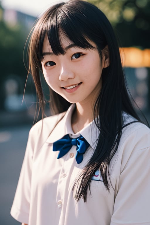 1girl, close up, japanese girl wearing school uniform, happy,, Raw format,  good lighting,  analog photography aesthetic, instagram filter, film noise, film grain,