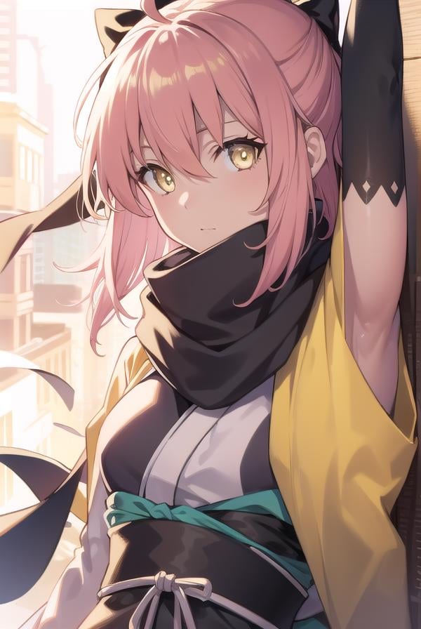 okitasouji, <lora:okitasoujitest:1>, okita souji, ahoge, black bow, pink hair, hair between eyes, hair bow, short hair, (yellow eyes:1.5),BREAK black scarf, japanese clothes, kimono, sash, scarf,,BREAK outdoors, city,BREAK looking at viewer,BREAK <lora:GoodHands-vanilla:1>, (masterpiece:1.2), best quality, high resolution, unity 8k wallpaper, (illustration:0.8), (beautiful detailed eyes:1.6), extremely detailed face, perfect lighting, extremely detailed CG, (perfect hands, perfect anatomy),