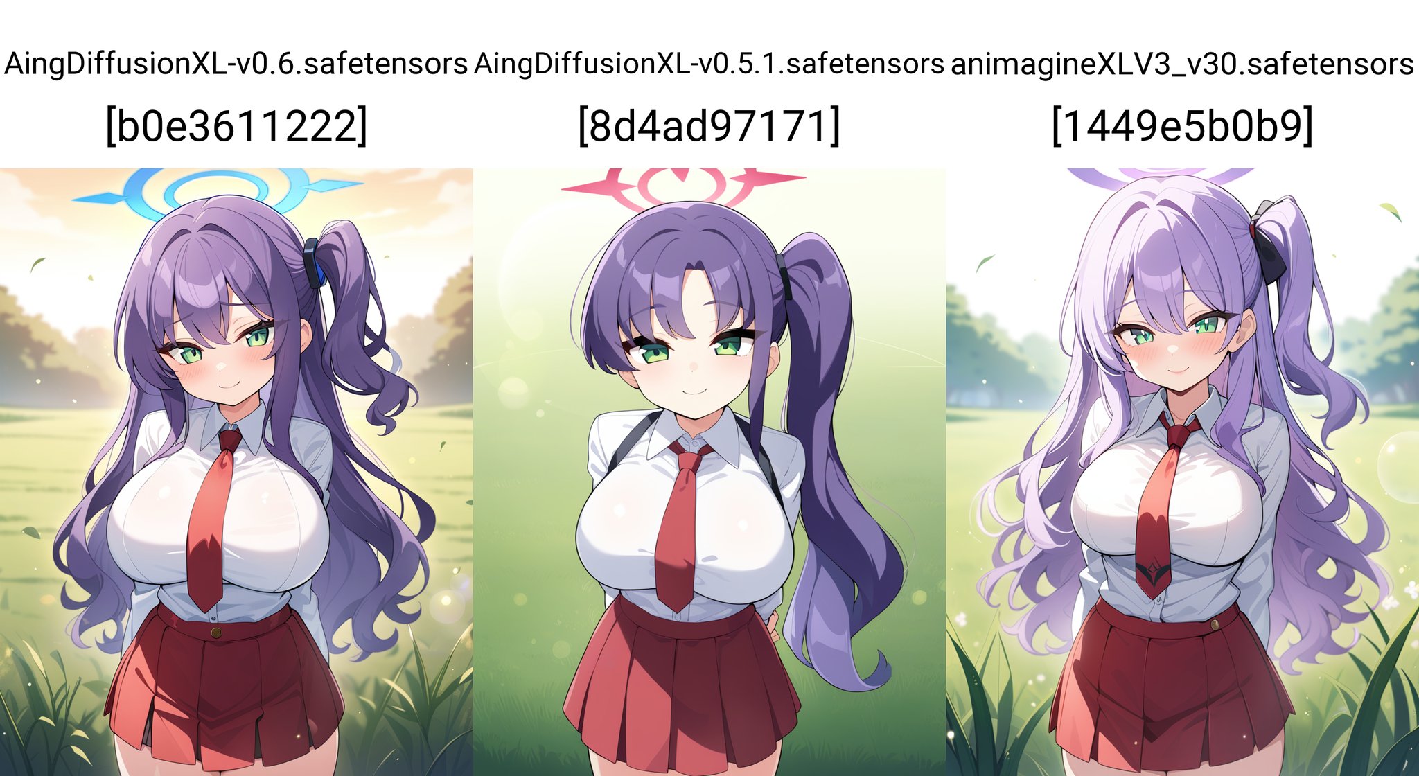 1girl, blue archive, solo, shortstack, long hair, wavy hair, purple hair, green eyes, side ponytail, large breasts, white shirt, collared shirt, seductive smile, red skirt, red necktie, halo, arms behind back, field, lens flare, masterpiece, best quality, very aesthetic, absurdres, anime artwork, anime style, key visual, vibrant, studio anime, highly detailed,