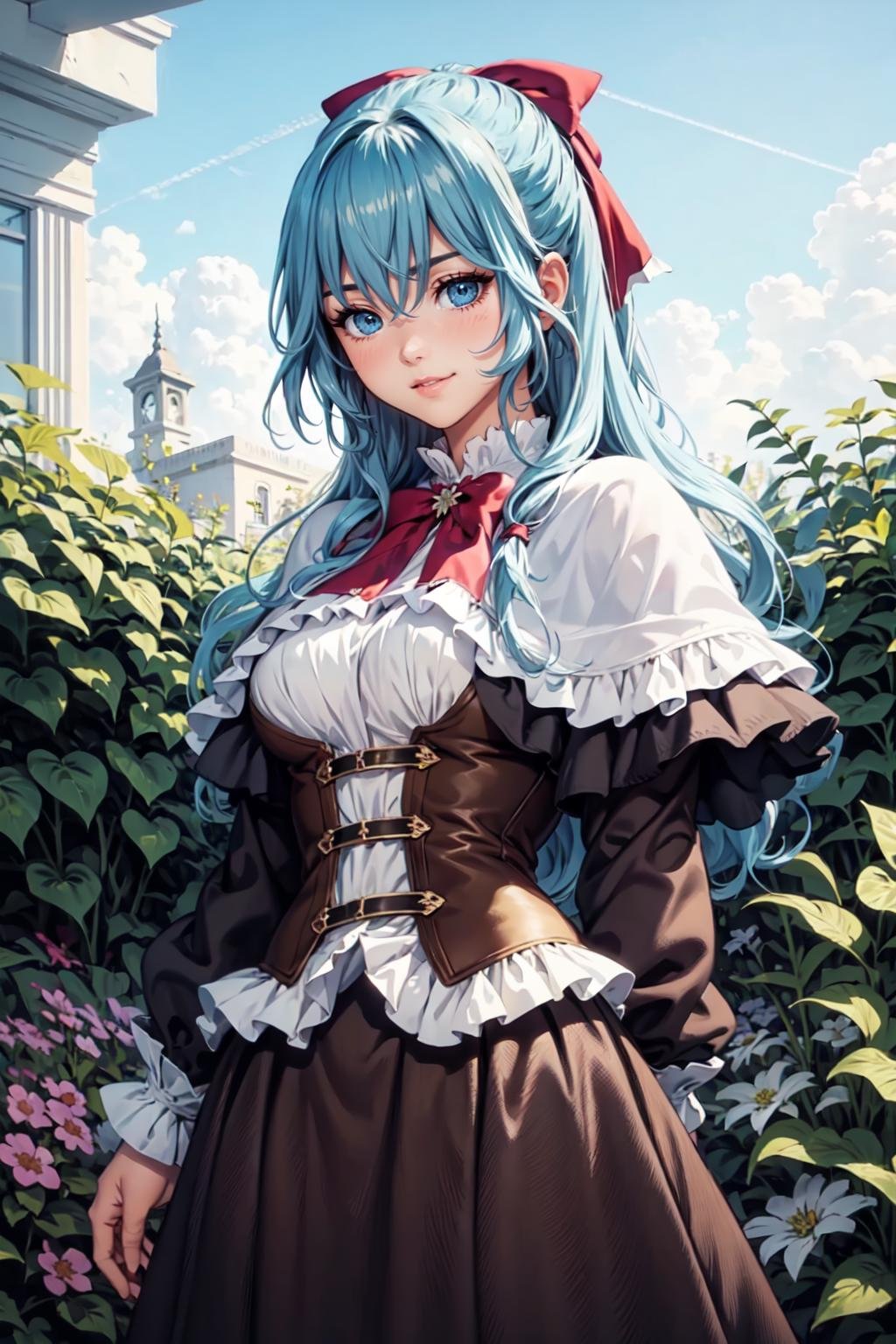 cowboy shot, standing, light smile BREAK sgliselotte, long hair, blue hair, sidelocks, blue eyes BREAK red bow, hair bow, red bowtie, white capelet, brown corset, long sleeves, brown skirt BREAK (garden field:1) <lora:liselotte-sd15-6-000007:0.8>