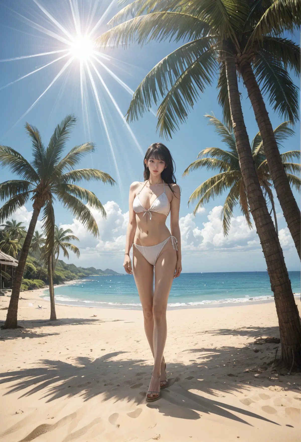 ,ruanyi0780,light rays,light,sunlight,sunbeam,beach,palm tree,<lora:0780 light rays_v1_pony:1>, score_9,score_8_up,score_7_up,,8k,1girl,solo,,