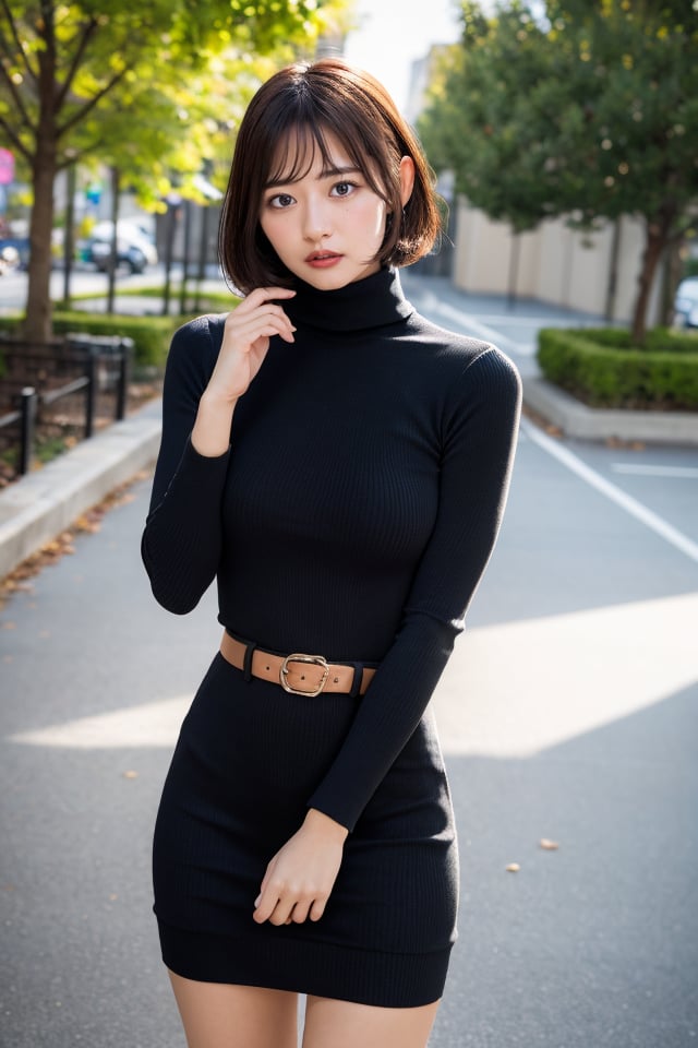 1girl,turtleneck,solo,belt,boots,black hair,dress,fashion,short hair,realistic,looking at viewer,best quality,masterpiece,illustration,an extremely delicate and beautiful,CG,unity,8k wallpaper,Amazing,finely detail,masterpiece,official art,extremely detailed CG unity 8k wallpaper,incredibly absurdres,huge filesize,ultra-detailed,highres,extremely detailed,beautiful detailed girl,realistic,light contrast,,<lora:Takakura Sumire_20240506044930:0.8>