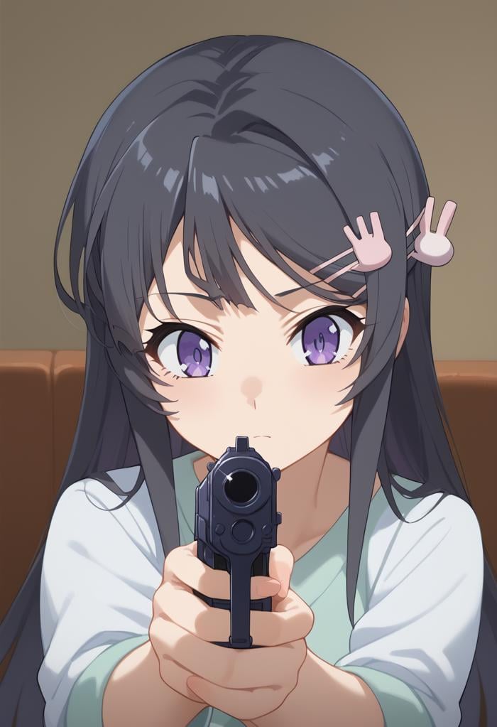 score_9, score_8_up, score_7_up, source anime, mai sakurajima, long hair, bangs, black hair, hair ornament, purple eyes, hairclip, rabbit hair ornament, holding gun, aiming, aiming at viewer, finger on trigger, <lora:aim-xl-pony-v3-000016:1>, <lora:naip33:1>, <lora:mai-sakurajima-s1-ponyxl-lora-nochekaiser:1>, 