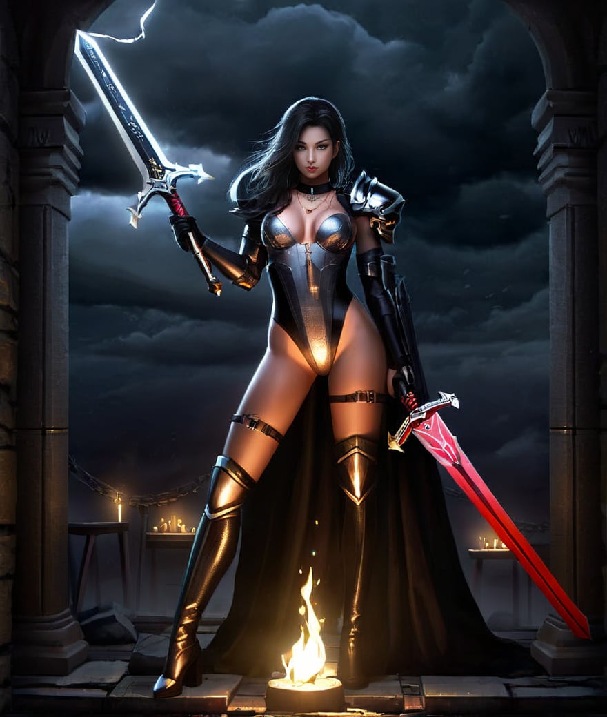 (Game CG style:1.2),Game CG style,this is a dark fantasy artwork depicting a male warrior standing in front of a stone altar. he wears armor and holds a glowing red sword in his hand. behind him,various weapons and armor pieces are displayed on walls and shelves. the atmosphere is dark and ominous,with light coming from the sword and some torches. the image has a high level of detail,showcasing the intricate designs on the armor,weapons,and background architecture. it conveys a sense of power,danger,and mystery,Extremely gorgeous metal style,Metal crown with ornate stripes,Various metals background,Sputtered molten iron,floating hair,Hair like melted metal,Clothes made of silver,Clothes with gold lace,flowing gold and silver,everything flowing and melt,flowing iron,flowing silver,lace flowing and melt,mecha clothes,robot girl,sliver bodysuit,((sliver)) and (broken) body,(anger),dragon horns,(silver armor),metal,complex pattern,cape,indifference,chain ring, chain storm, dark chain,((wholeblack bloomer)), darkside, night, deep dark, darkness, ((dark clouds)),((ruins)),shadow, death garden,