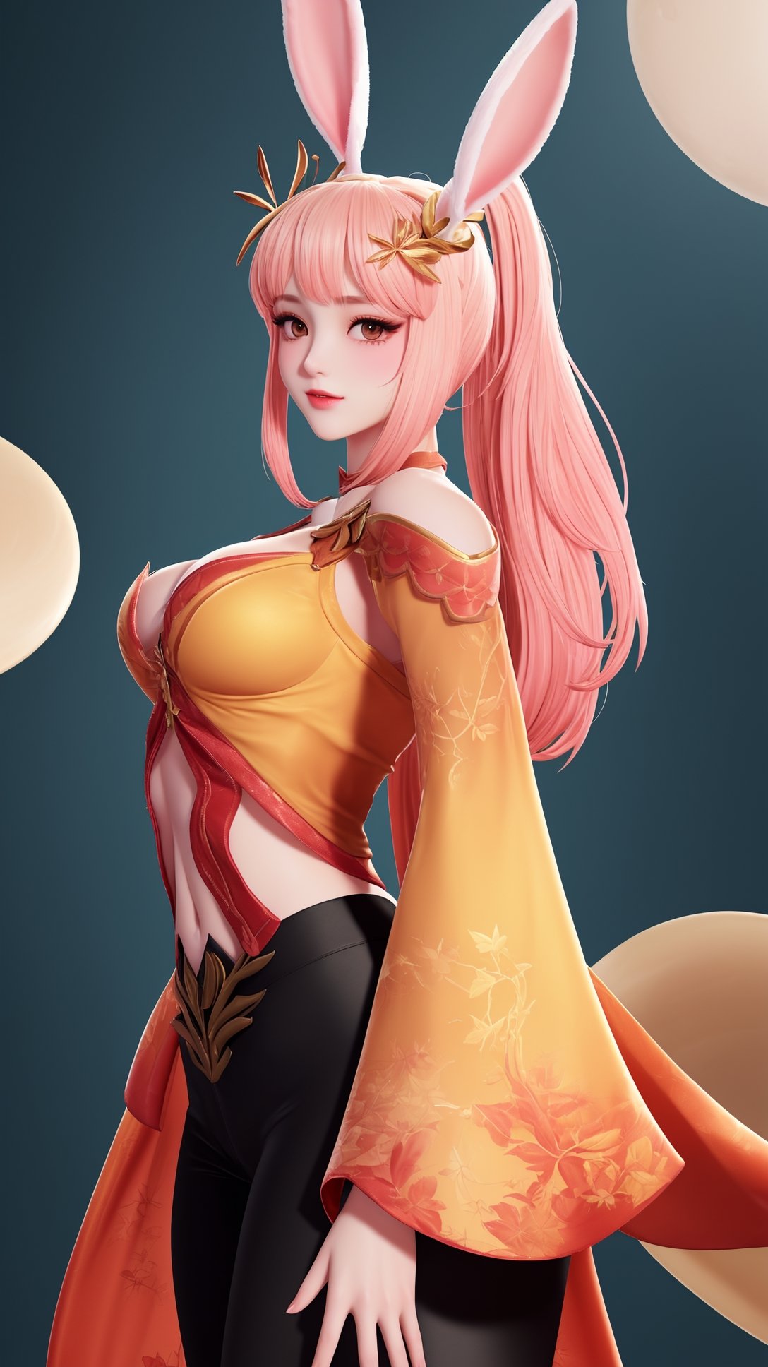 (1girl),smooth chin,masterpiece,detailed face,((hair ornament focus)),top quality,4k,make up,best quality,medium breasts,(looking at viewer),eyes focus,upper body,rabbit ears,pink hair,ponytail,((black pants)),blush,body blush,mature female,navel,light red and light golden mixed sleeves,night sky,arms behind back,long legs,red skirt,hole on pants,walking,<lora:王者 公孙离 原皮_v1.0-000008:0.8>,