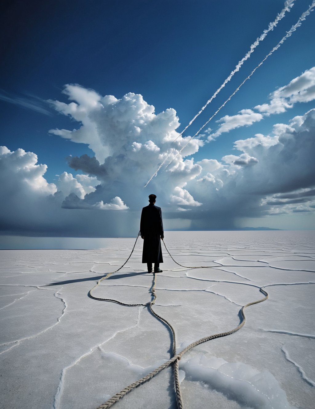 HDR photo of The image shows a surreal and whimsical scene of a person standing on a vast,flat white landscape under a vividly blue sky. The person,appearing small against the expansive backdrop,is holding onto a string or rope that leads directly to a large,solitary cloud floating just above. The cloud against the clear blue sky creates a stark,visually arresting contrast with the pristine whiteness of the ground,likely salt flats,reflecting brightness. This lone figure,dressed in darker colors,adds a human element to the otherwise barren landscape,evoking a sense of scale and solitude. The overall composition combines reality with a touch of the fantastical,suggesting themes of dream,aspiration,or connection with nature., . High dynamic range, vivid, rich details, clear shadows and highlights, realistic, intense, enhanced contrast, highly detailed