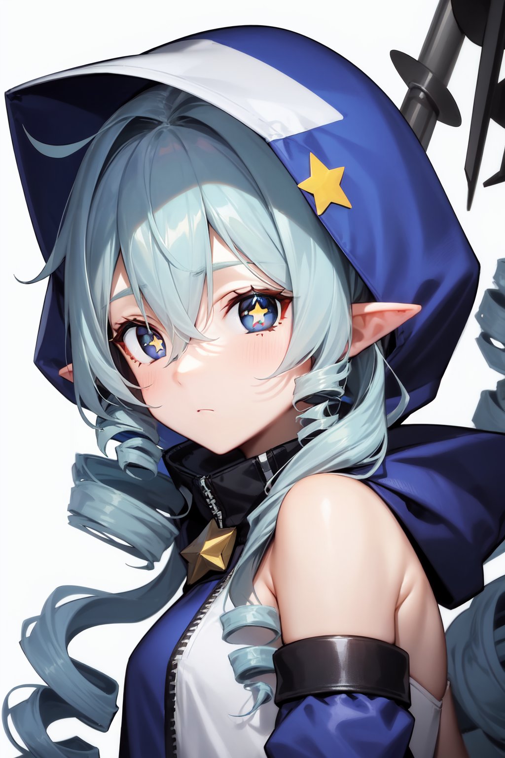 1girl, , bare shoulders, blue hair, blue hood, bright pupils, detached sleeves, drill hair, drill sidelocks, expressionless, hair between eyes, hair over shoulder, hood, hood up, long hair, looking at viewer, pointy ears, portrait, sidelocks, solo, star (symbol), star print, white background, white pupils, yellow eyes, 