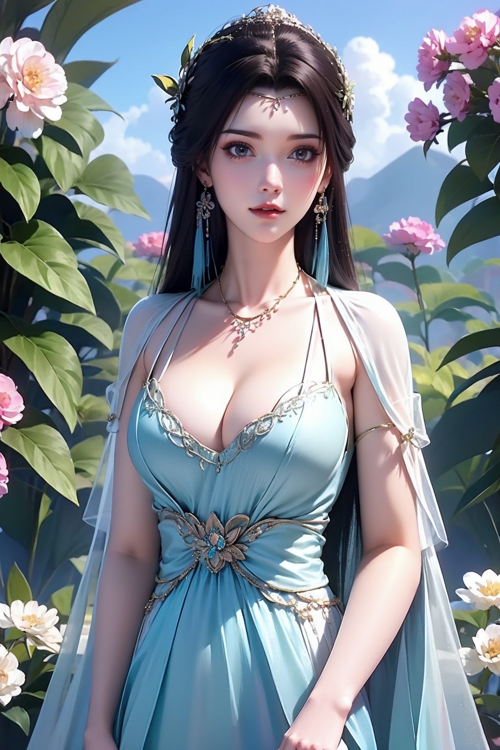 1girl, solo, dress, jewelry, long hair, sky, flower, hair ornament, necklace, earrings, breasts,