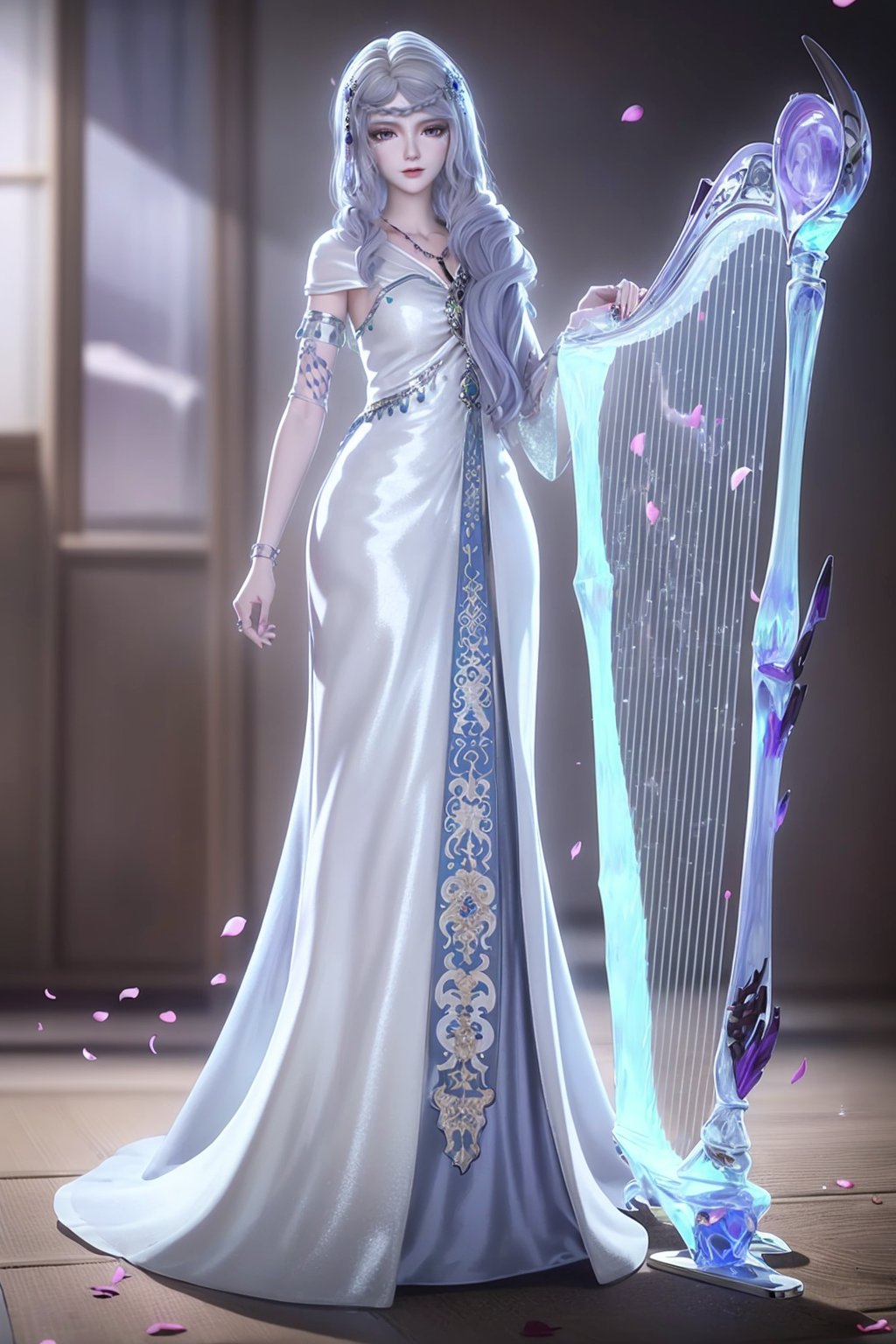 <lora:银尘-000008:0.7>,1girl,solo,(dress:1.2),jewelry,long hair,white hair,instrument,harp,bracelet,necklace,hair ornament,braid,ring,hair_ornament,(chinese clothes:1.2),(full body:1.2),masterpiece,(best quality),official art,extremely detailed cg 8k wallpaper,((crystalstexture skin)),(extremely delicate and beautiful),highly detailed,petals,petals_on_liquid,cherry_blossoms,flower,rose_petals,day,looking_at_viewer,