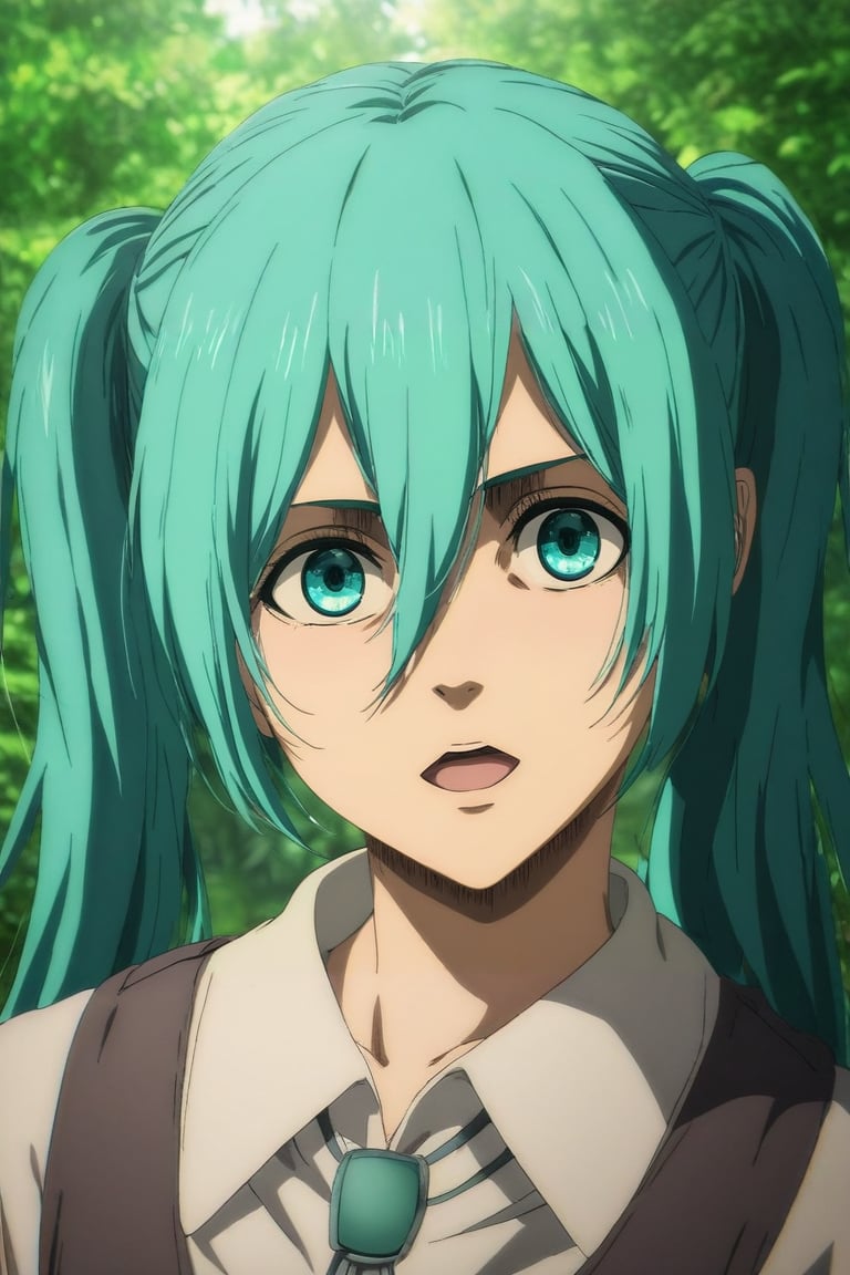 score_9, score_8_up, score_7_up, source_anime, rating_safe, intricate details, (photorealistic:0.6), looking at viewer, depth of field, 1girl, hatsune miku, aqua eyes, aqua hair, twintails, hair between eyes, long hair, solo, wide angle, wide shot, cowboy shot, hill, greenery, midnight, arm support, open mouth, <lora:shingeki_no_kyojin_s4_style_pony:0.92>, shingeki_no_kyojin_s4_style, <lora:sdxl_lightning_8step_lora:1>