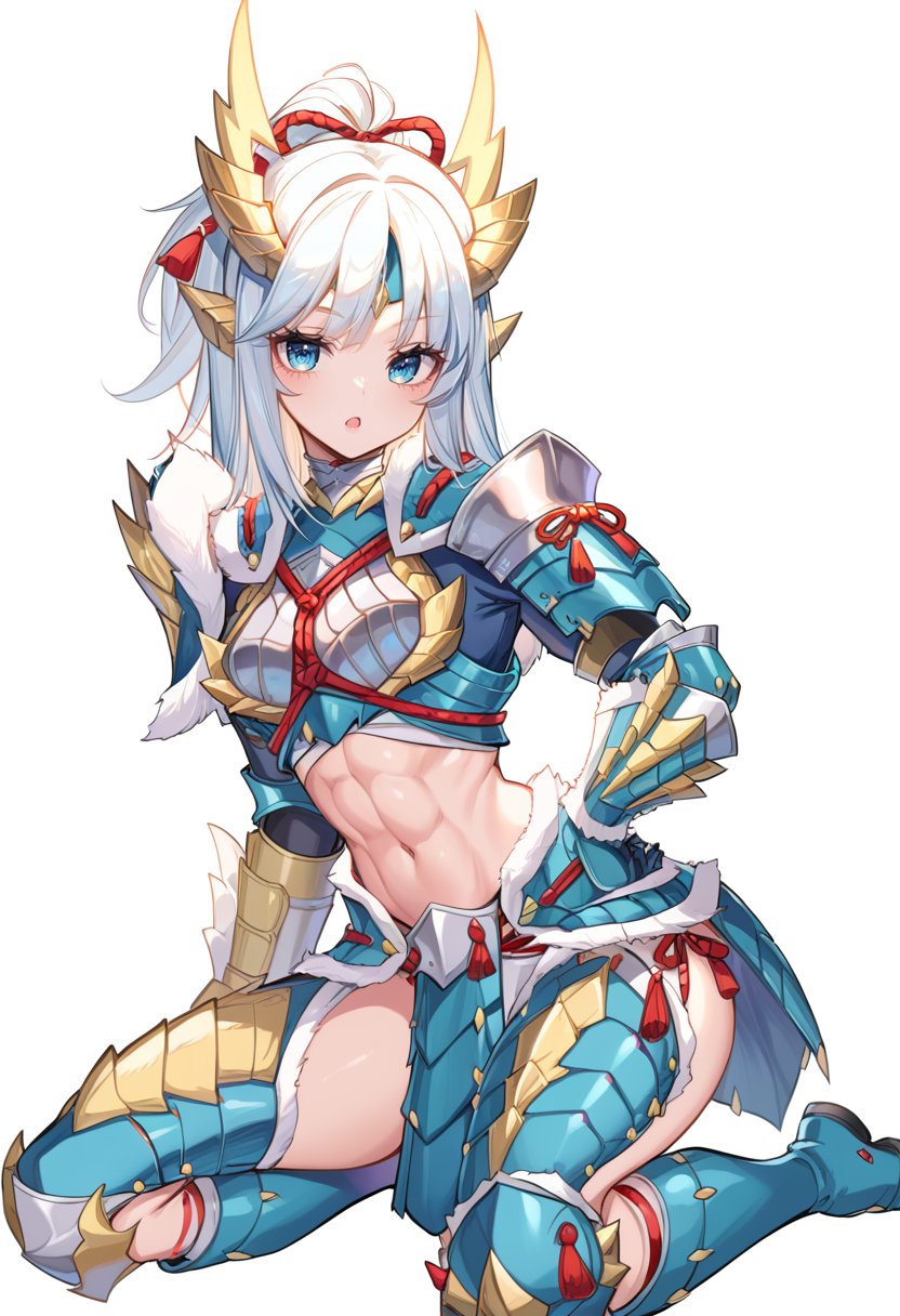 (score_9:0.9),score_8_up,score_7_up,rating_safe,anime style,(zPDXL),<lora:Zinogre armor ponyXL v2:0.83>,  Zinogre armor, cyan gauntlets, cyan armor boots, 1girl, solo, looking at viewer, white background, simple background, kneeling, abs, bangs, hand on hip, long hair, white hair, cute, >_<, open mouth, 