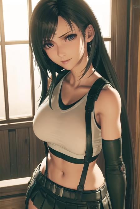 tifalockhart, <lora:tifa lockhart ingame-lora-nochekaiser:1>,tifa lockhart, long hair, bangs, black hair, (brown eyes:1.3), smile,BREAK skirt, shirt, thighhighs, gloves, navel, jewelry, pleated skirt, earrings, black gloves, elbow gloves, midriff, black thighhighs, fingerless gloves, black skirt, zettai ryouiki, crop top, suspenders, tank top, suspender skirt, white tank top,BREAK outdoors,BREAK looking at viewer, (cowboy shot:1.5), dynamic pose,BREAK <lyco:GoodHands-beta2:1>, (masterpiece:1.2), best quality, high resolution, unity 8k wallpaper, (illustration:0.8), (beautiful detailed eyes:1.6), extremely detailed face, perfect lighting, extremely detailed CG, (perfect hands, perfect anatomy),