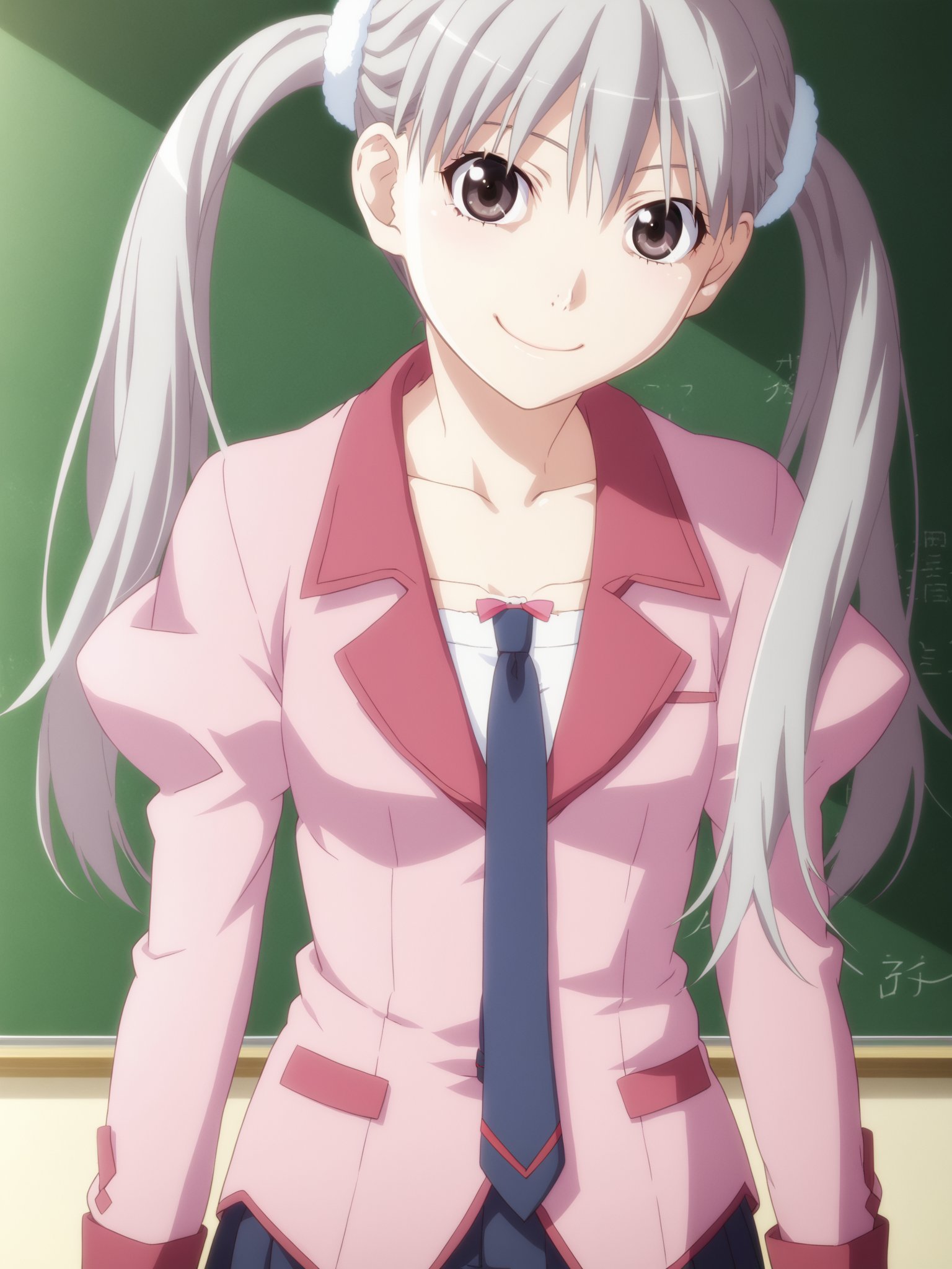 <lora:OikuraSodachi:1>, oikurasodachi, 1girl, smile, pink jacket, necktie