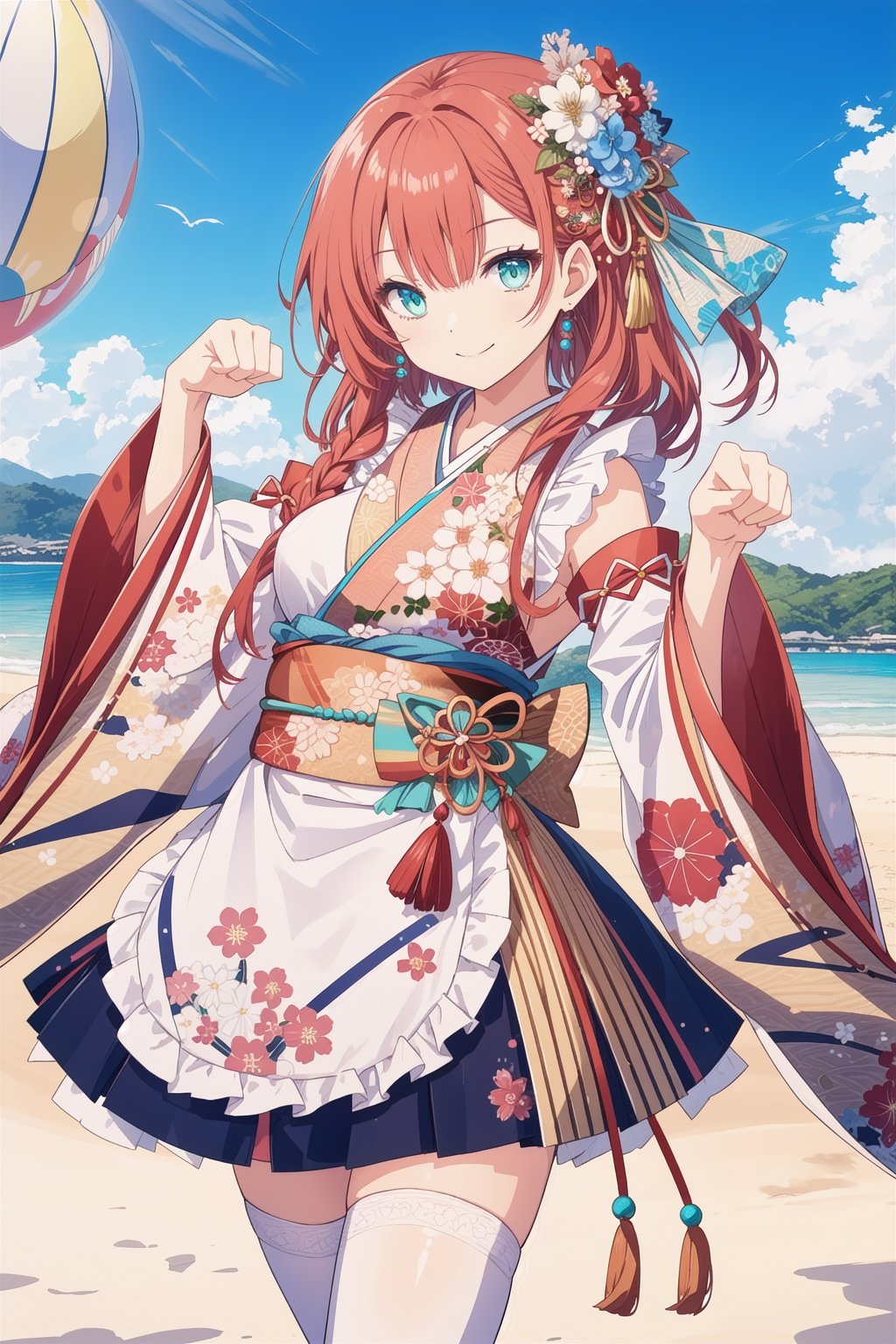 pixai,  intricate details, highres, best quality, HDR,dynamic pose,<lora:add_detail:0.1> ,<lora:outline:-0.1>,outdoor,smile,(Pretending to hold a large beach ball),(paw pose:1.2),BREAK,shoulder length hair,red  hair,turquoise green color  eyes,(medium breasts:1.1), <lora:cute_kimono_N_V1_1-000010:0.7>,frills, japanese clothes, hair flower,wide sleeves, kimono, white thighhighs, zettai ryouiki, floral print, skirt,detached sleeves, apron, 
