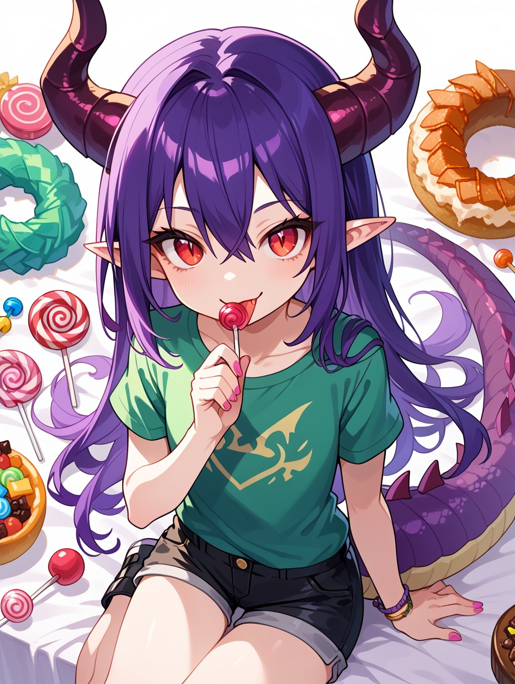 score_9, score_8_up, score_7_up,source_anime, solo, long hair, looking at viewer, smile, skirt, shirt, red eyes, hair between eyes, tail, purple hair, short sleeves, food, horns, shorts, tongue, pointy ears, tongue out, candy, lollipop, green shirt, dragon tail, holding candy, near, from above, hands behind the goal