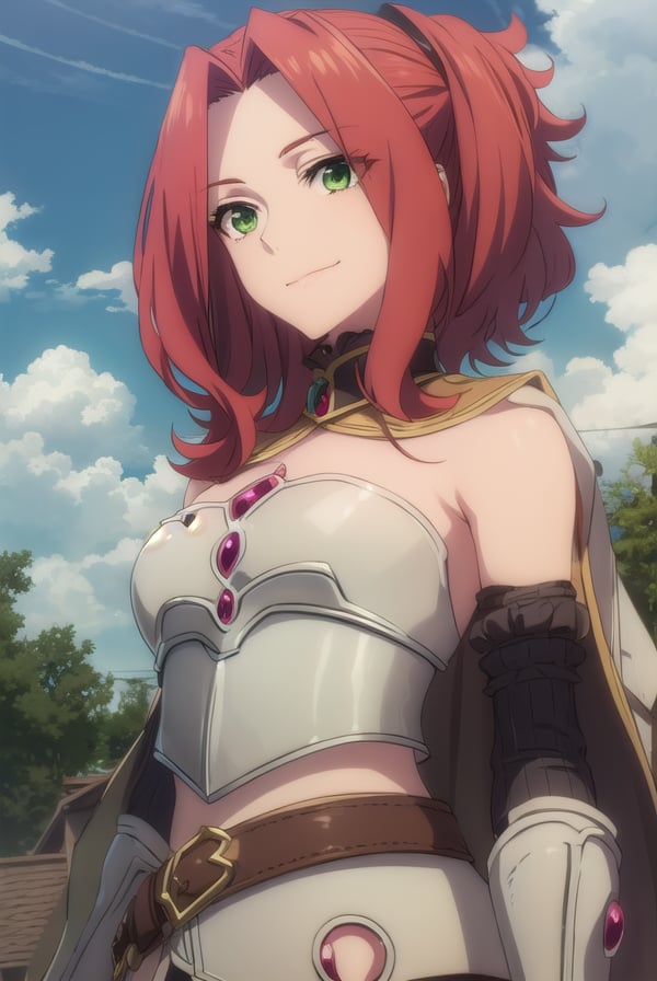 maltymelromarc, <lora:malty melromarc s1s2s3-lora-nochekaiser:1>,malty melromarc, long hair, (green eyes:1.3), red hair, (parted bangs:1.5), ponytail, smile, grin,BREAK bare shoulders, belt, cape, armor, breastplate,BREAK outdoors, forest, nature, sky, sun, clouds,BREAK looking at viewer, (cowboy shot:1.5),BREAK <lyco:GoodHands-beta2:1>, (masterpiece:1.2), best quality, high resolution, unity 8k wallpaper, (illustration:0.8), (beautiful detailed eyes:1.6), extremely detailed face, perfect lighting, extremely detailed CG, (perfect hands, perfect anatomy),