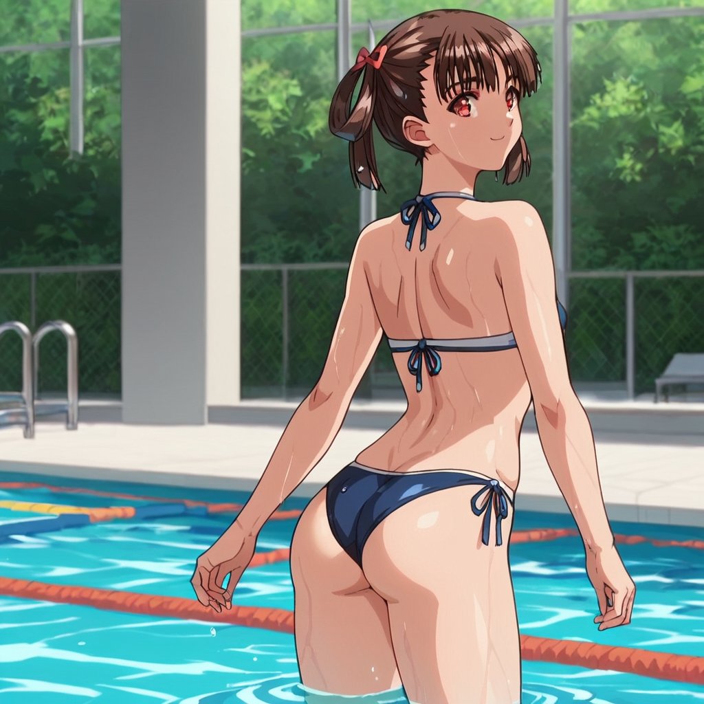 score_9, score_8_up, score_7_up, score_6_up, score_5_up, score_4_up, source_anime,soratani natsuki, red eyes, brown hair, hair rings,1girl, solo, pool, swimsuit, solo, water, bikini, ass, looking back, wet, smile, outdoors, day, looking at viewer, tight body,standing,masterpiece, perfect face, best quality, beautiful girl, cute girl, beautiful eyes, shiny eyes, anime coloring, anime screencap, absurdres, award winning, <lora:soratani natsuki pony:0.8>