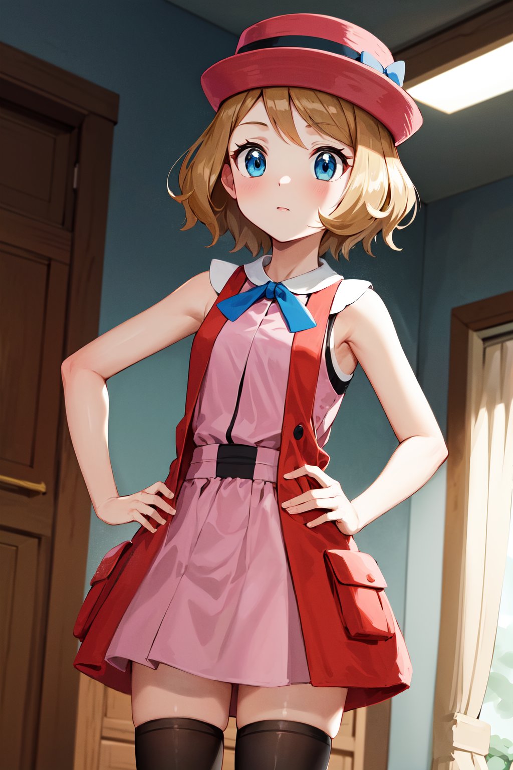 masterpiece, best quality, highres, bbserena, solo, short hair, pink headwear, eyelashes, blue eyes, neck ribbon, blue ribbon, (pink dress:1.2), sleeveless, bare arms, black thighhighs, <lora:serena_(pokemon)_v2:0.7>, hand on hip, indoors, standing