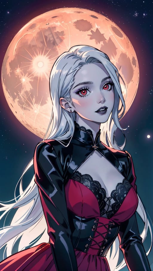 (best quality, masterpiece, highres:1.2), (), young cute vampire (pale skin) girl, eyes goth makeup, goth flamenco dress, very big red eyes, long straight silver hair, night, full moon in the sky, flirting, Character Design, upper body