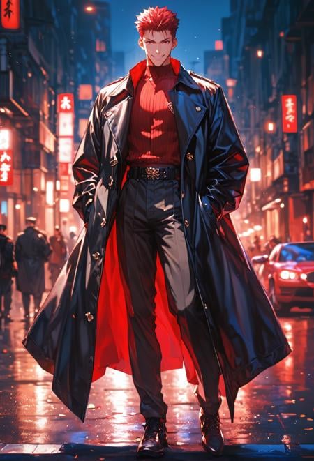 score_9, score_8_up, score_7_up, Fate/Stay Night, a handsome man with red hair in a black coat and military uniform, in the anime style, with a background of a city street, a full body portrait, red eyes, a smiling expression, in the style of anime art, warm colors, vibrant colors, bright background