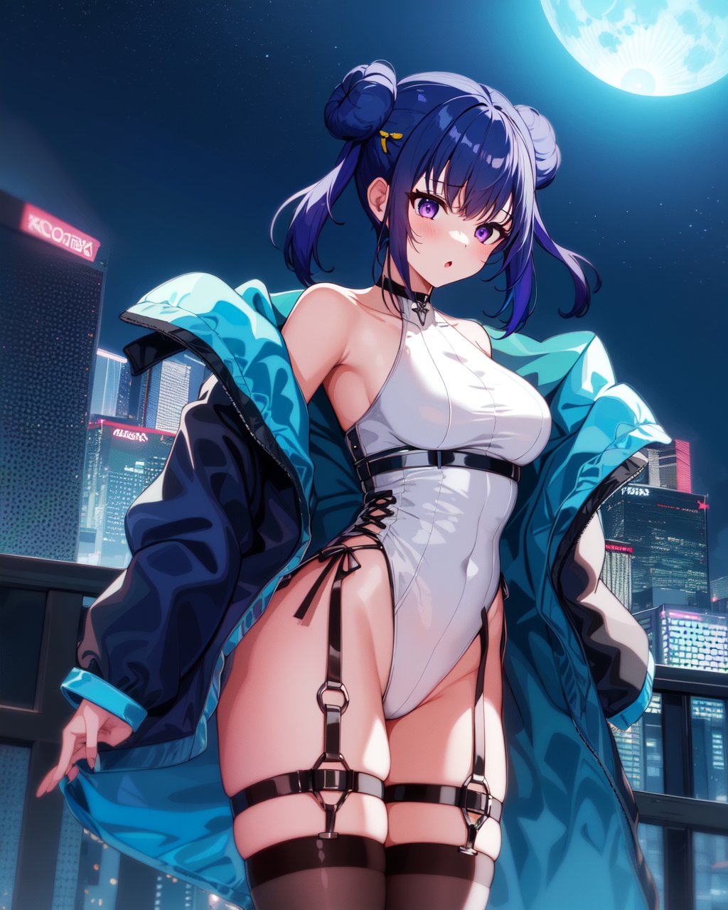 1girl, lillaslf1, blue hair, purple eyes, double bun, white leotard, black straps, oversized blue jacket, black legwear, black garter straps, :o, outdoors, city, night sky, blue ambient lighting, cyberpunk, moon,<lora:lillav3:1>