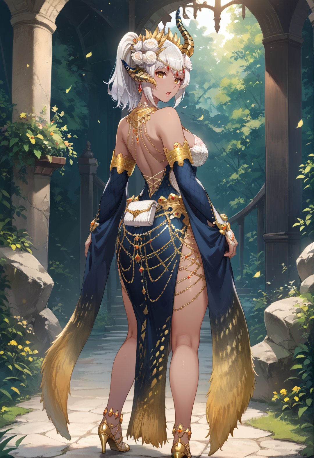 (score_9:0.9),score_8_up,score_7_up,rating_safe,anime style,(zPDXL),<lora:EX Kulve Taroth Beta Armor ponyXL v1.4:0.77>,1girl,solo,dark-skinned female,white hair,ponytail,long hair,single horn hair ornament,looking at viewer,yellow eyes,short hair,open mouth,cleavage,large breasts,medium breasts,ex kulve taroth beta armor,gold high heels,from behind,looking back,legs,thick thighs,huge_ass,motherly, milf