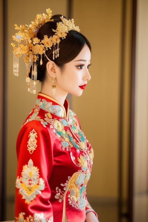 woman,traditional Chinese attire,hanfu,elaborate headdress,gold embroidery,side profile,elegance,Asian ethnicity,dark hair,hairpins,ornamental jewelry,fan accessory,vintage aesthetics,warm color tones,indoor setting,cultural fashion,red lipstick,soft lighting,rich textures,depth of field,muted backdrop with patterns,, masterpiece,best quality,ultra-detailed,