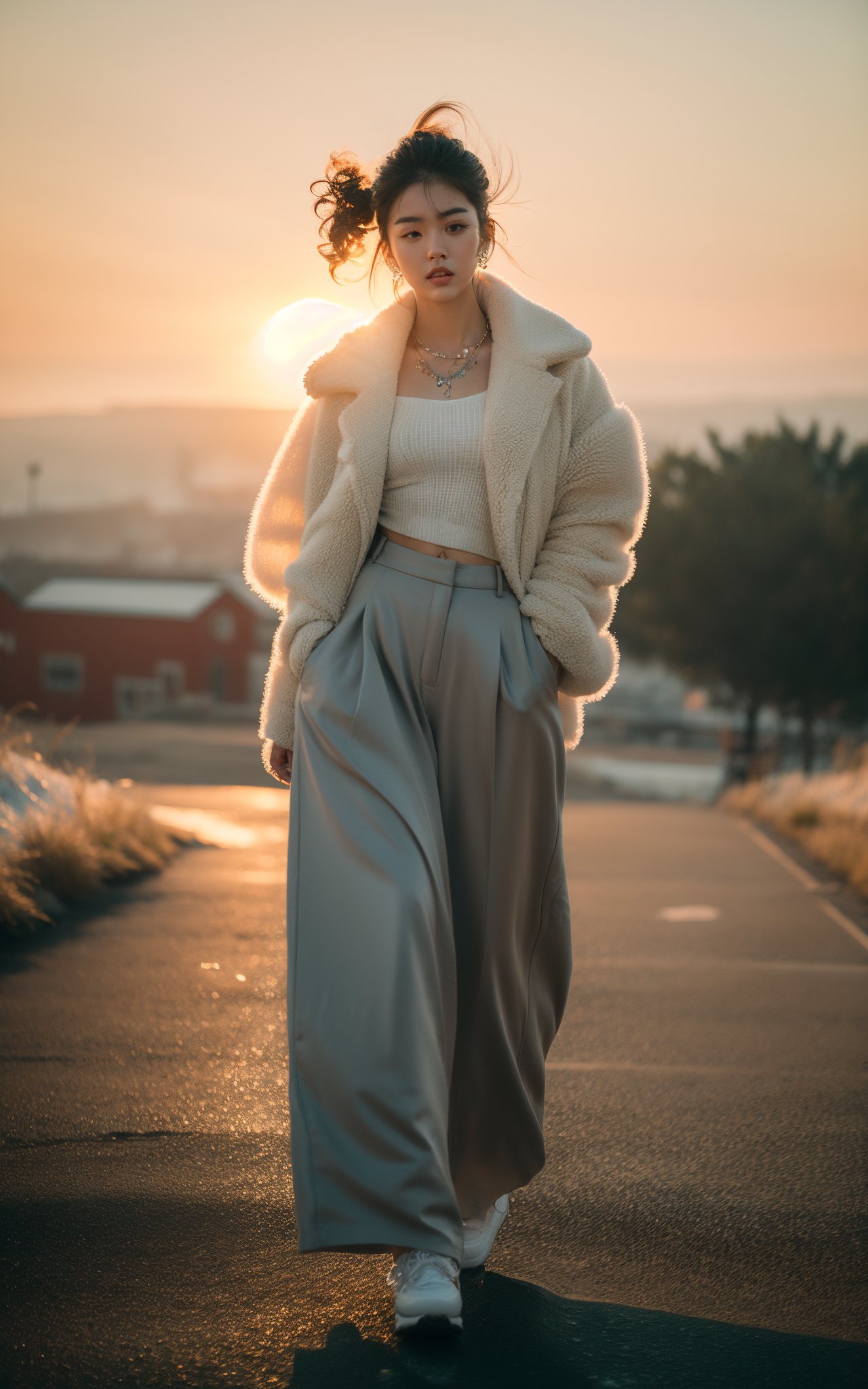 masterpiece, best quality, 1girl, zend4y4, curly hair, medium hair, floating hair, wind, fur-trimmed jacket, long pants, long skirt, snow, white scarf, feet out of frame,heart earrings, heart necklace,golden hour, warm glow, sunset, bloom, raytracing, ambient occlusion, feeling cold, cold, walking,Asian, Korean idol,