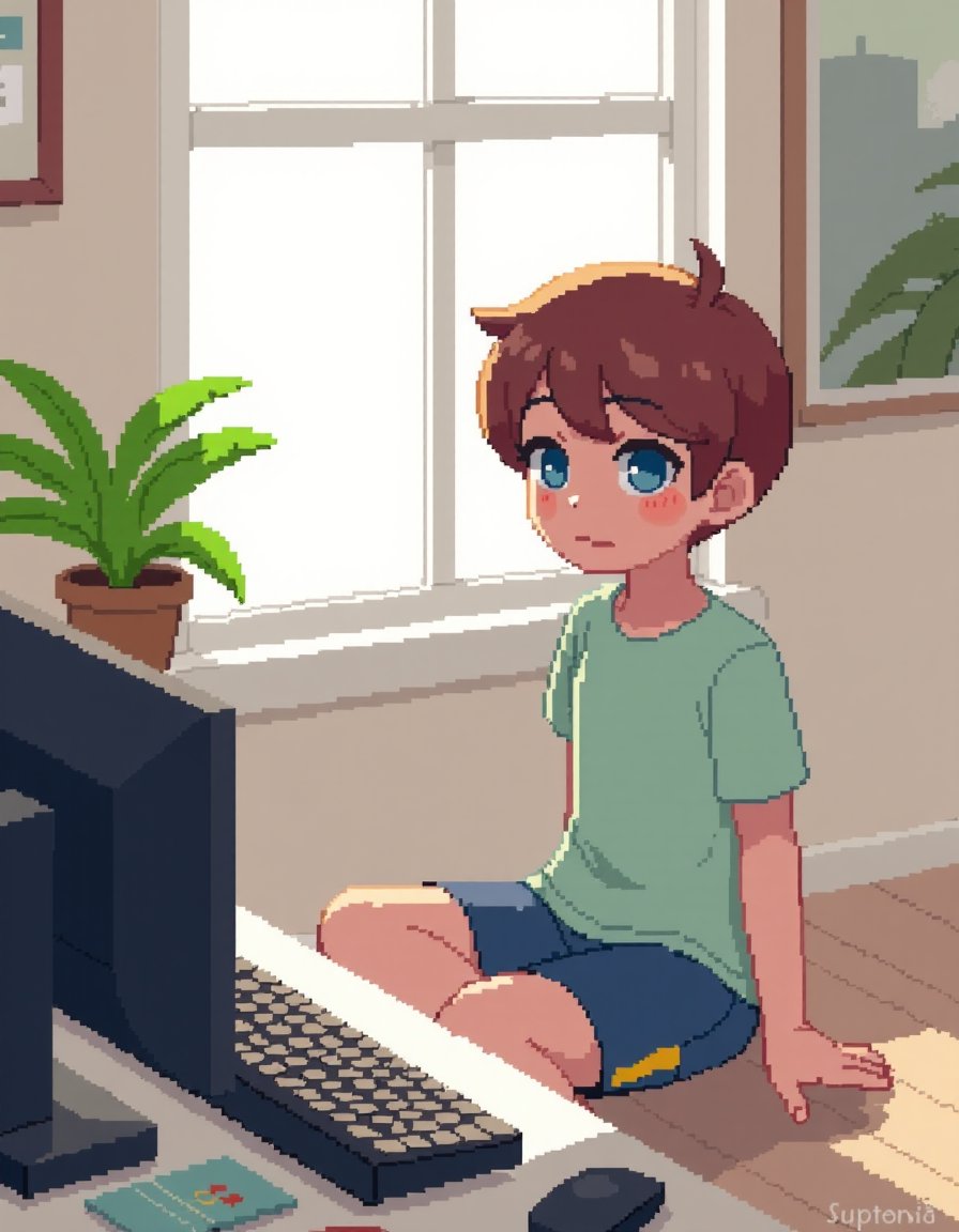 <lora:NeoPixelArt_V2:1>pixelart, 1boy, indoors, shorts, sitting, monitor, shirt, plant, brown hair