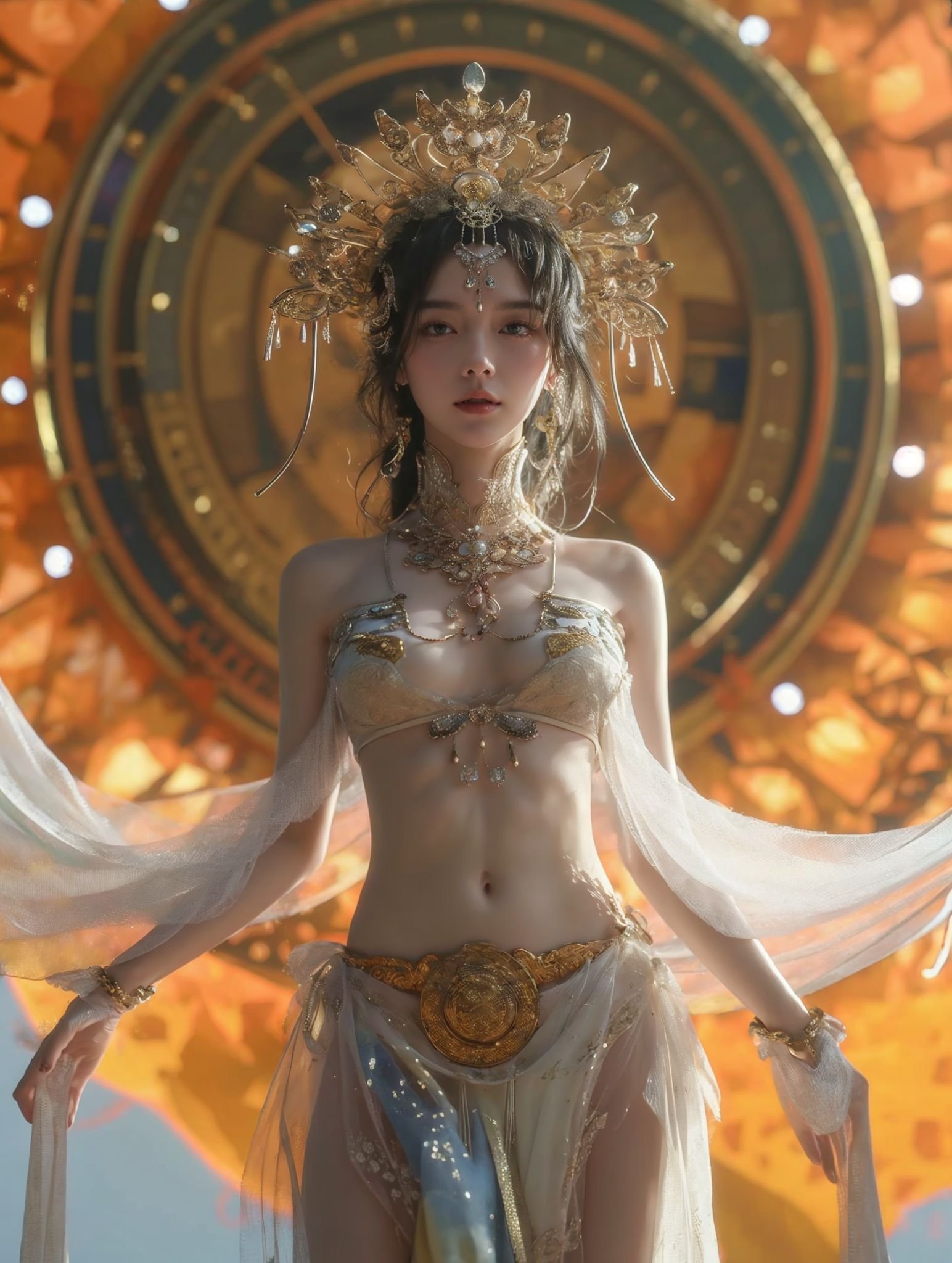 xuer Chinese goddess, 1girl, jewelry, solo, navel, black hair, breasts, bracelet, earrings, pelvic curtain, looking at viewer, realistic, bare shoulders, parted lips, cowboy shot, see-through, lips, bra, hair ornament, small breasts, blurry background, necklace,from below,<lora:绪儿-中国女神 xuer Chinese goddess:0.75>,