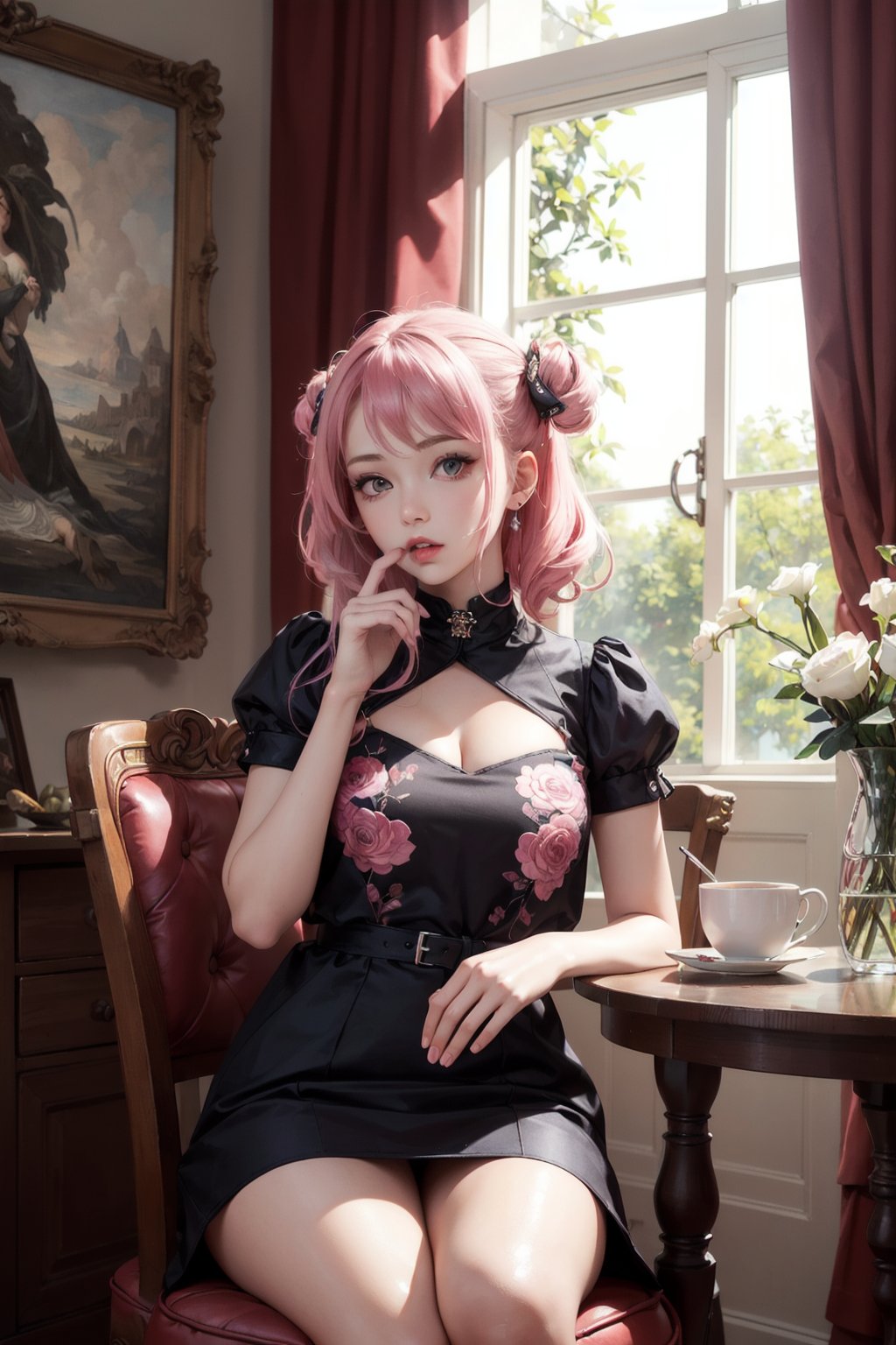 1girl Sitting on a chair,pink hair,(masterpiece, top quality, best quality, art, beautiful and aesthetic:1.2), (1girl), extreme detailed,(art:1.3),colorful,highest detailed,