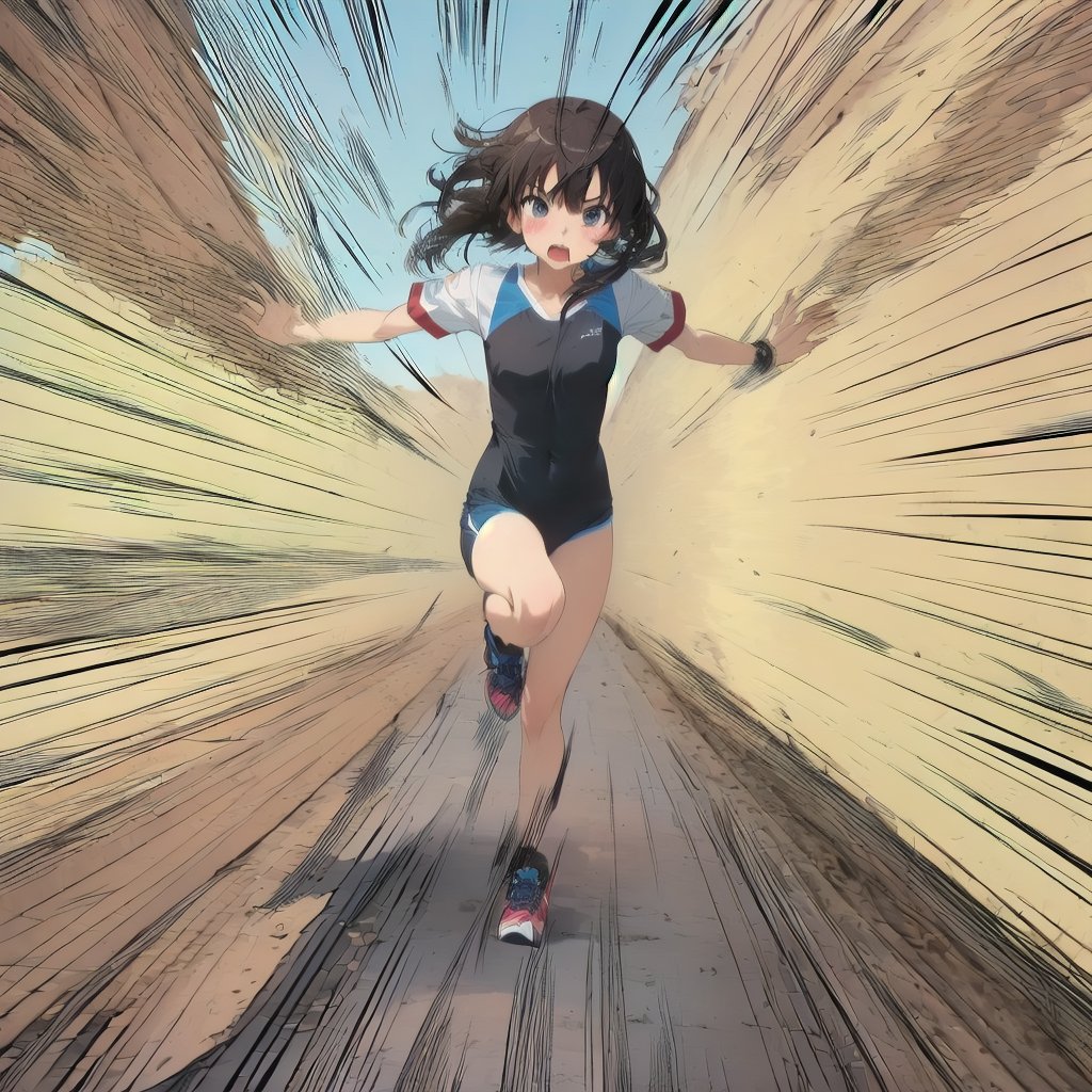 masterpiece,  1girl, running, emphasis lines ,<lora:syucyusen:1.3>, anime screencap, motion lines, 