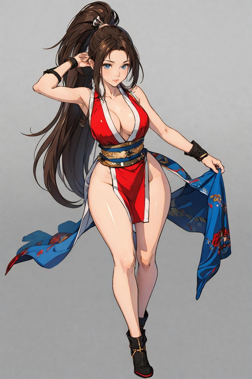 Best quality,masterpiece,ultra high res,<lora:buzhwu:0.7:lbw=MIDD>,bzhw,shiranui mai,<lora:GoodHands-beta2:1>,realistic,full body,large breasts,narrow waist, generous, warm light, lovely