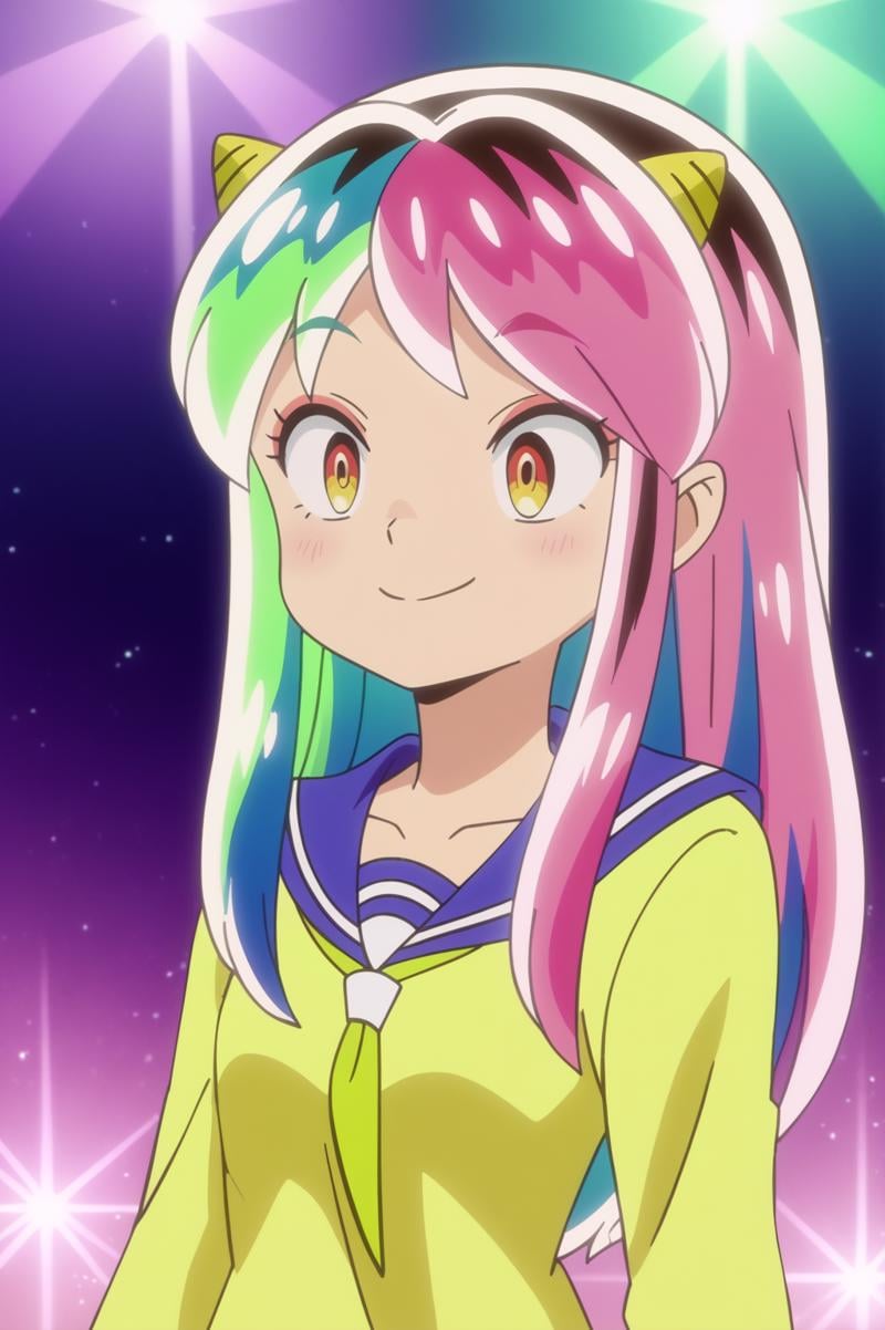 anime screencap,   Lum, upper body, light smile, alternative hair color <lora:Private_Urusei_Yatsura_2022_-_Lum_-_PDXL:0.8>