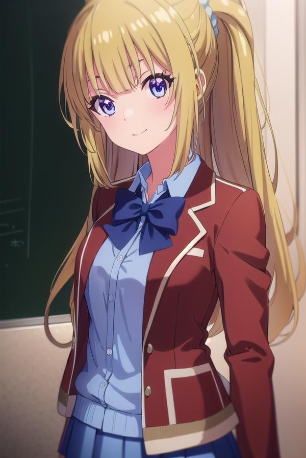 keikaruizawa, <lora:kei karuizawa s2-lora-nochekaiser:1>, kei karuizawa, long hair, bangs, blunt bangs, (purple eyes:1.1), blonde hair, shirt, hair ornament, ponytail, scrunchie, blue scrunchie, smile,BREAK skirt, shirt, bow, school uniform, jacket, (red jacket:1.2), pleated skirt, bowtie, sweater, (blue bow:1.2), (blue shirt:1.2),BREAK indoors, classroom,BREAK looking at viewer, (cowboy shot:1.5),BREAK <lyco:GoodHands-beta2:1>, (masterpiece:1.2), best quality, high resolution, unity 8k wallpaper, (illustration:0.8), (beautiful detailed eyes:1.6), extremely detailed face, perfect lighting, extremely detailed CG, (perfect hands, perfect anatomy),