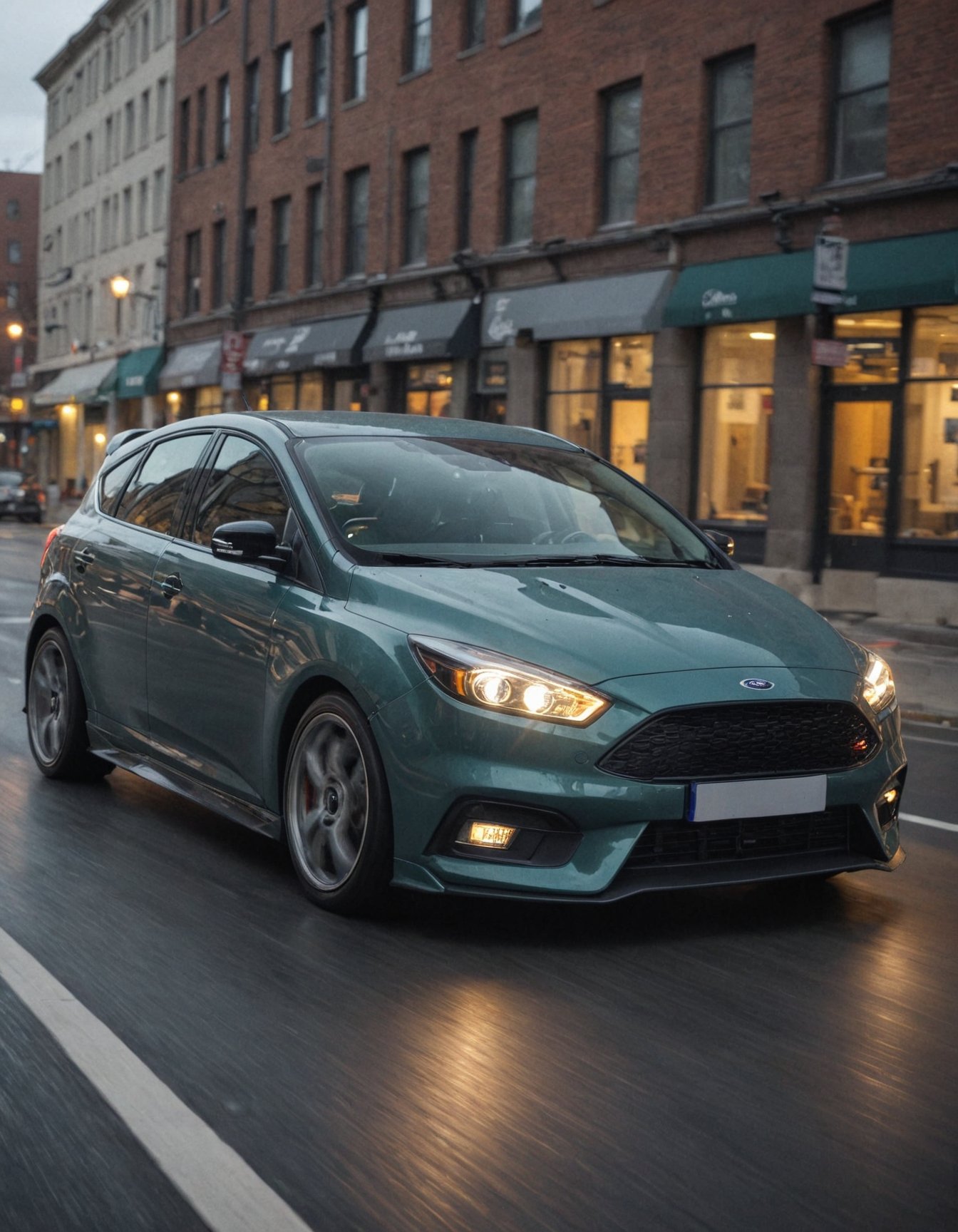 aesthetic photo of Ford Focus, in motion, perfect lighting, vibrant, high detailed, epic, motion blur