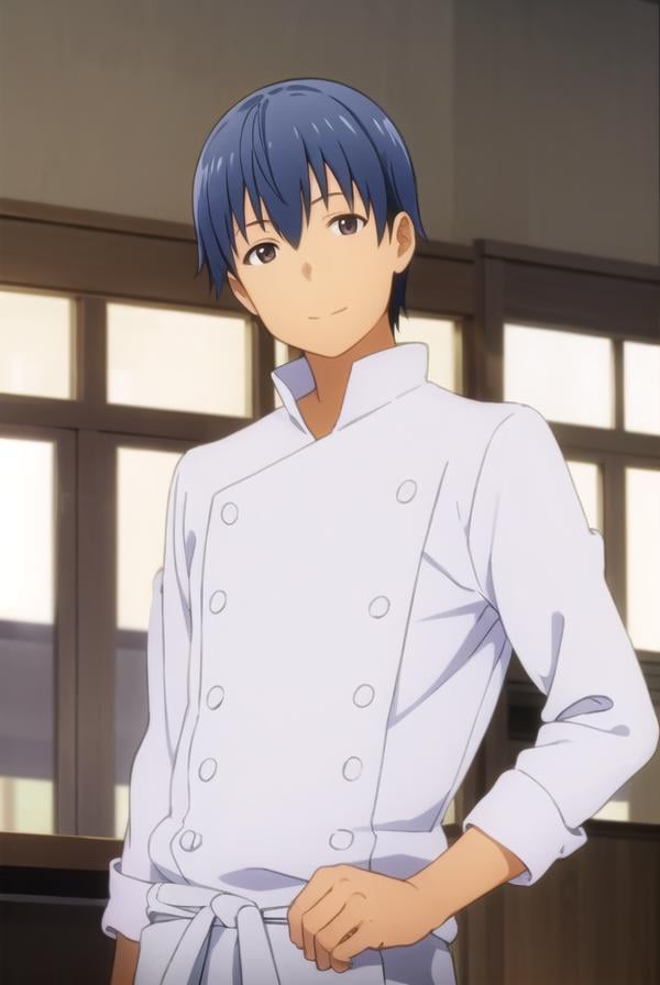 hiroomisouma, <lora:hiroomi souma s2-lora-nochekaiser:1>,hiroomi souma, (brown eyes:1.3), blue hair, male focus, smile,BREAK apron, buttons, waist apron, white pants, chef,BREAK indoors, restaurant,BREAK looking at viewer, (cowboy shot:1.5),BREAK <lyco:GoodHands-beta2:1>, (masterpiece:1.2), best quality, high resolution, unity 8k wallpaper, (illustration:0.8), (beautiful detailed eyes:1.6), extremely detailed face, perfect lighting, extremely detailed CG, (perfect hands, perfect anatomy),